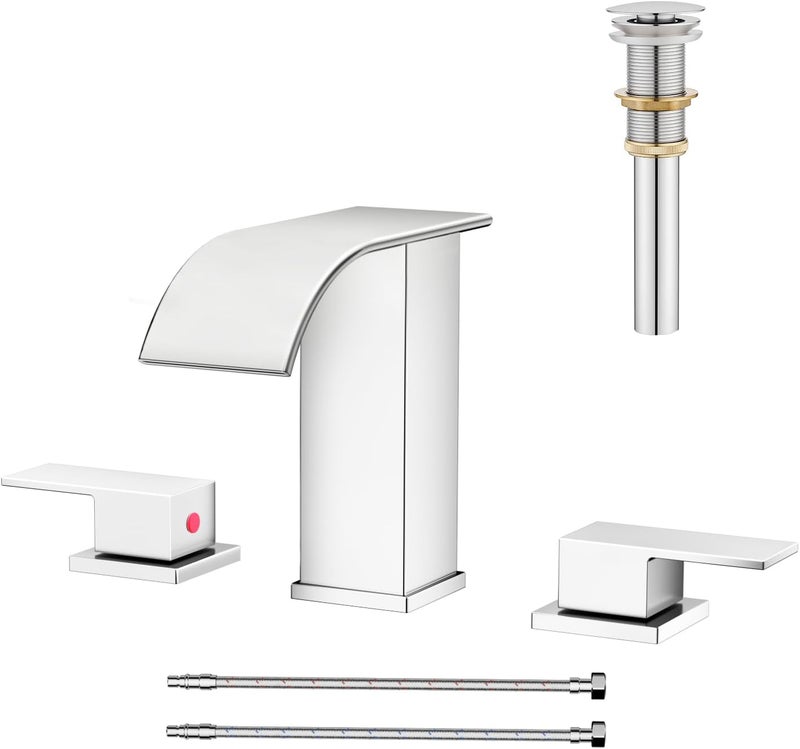 AVSIILE Waterfall Bathroom Faucet 3 Hole, Chrome 8 Inch Widespread Modern 3 Piece Bathroom Sink Faucet, Touch On Lavatory Faucet for Vanity RV Restroom, Curved Spout - Image 1